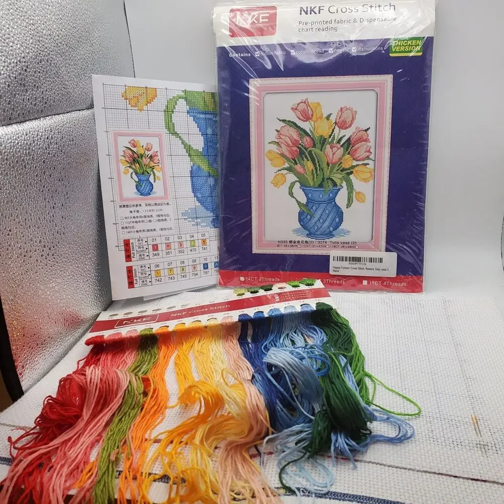 NKF H335 Tulip‎ Vase Cross Stitch Kit Red and Yellow Flowers Blue Vase